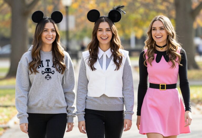 Three women in Halloween trio costumes: Three Blind Mice, Three Musketeers, and Powerpuff Girl, posing outdoors