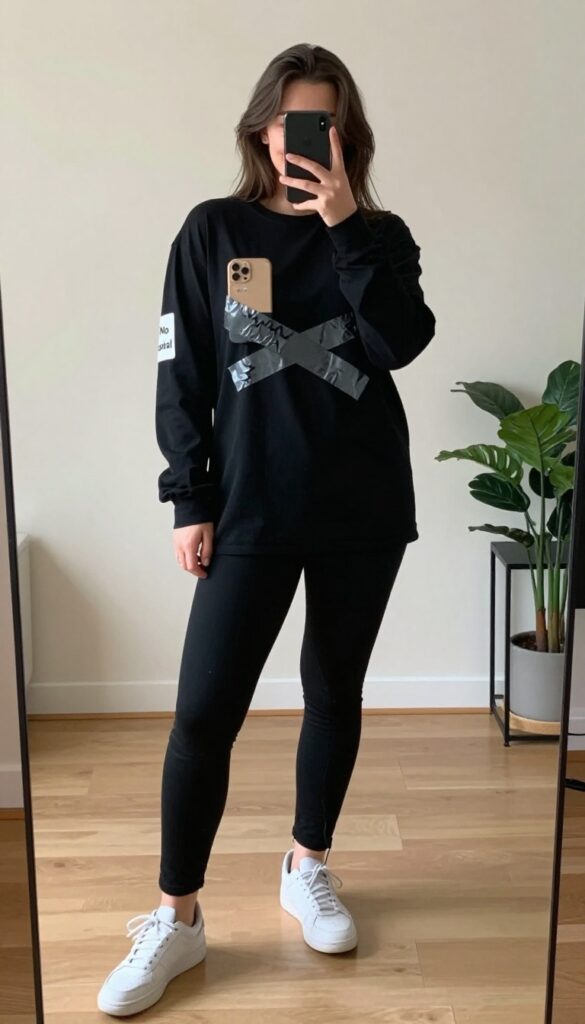 A woman in a black long-sleeve tee and leggings stands in front of a mirror, taking a selfie with a phone. She wears a large cardboard smartphone prop on her chest with a cracked screen design, and a small sign reading 'No Signal' is pinned to her sleeve. The setting is a bright, modern interior with natural light.