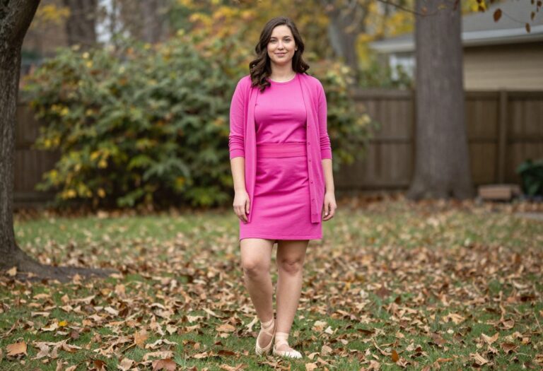 Woman wearing Cady Heron-inspired pink outfit for Halloween
