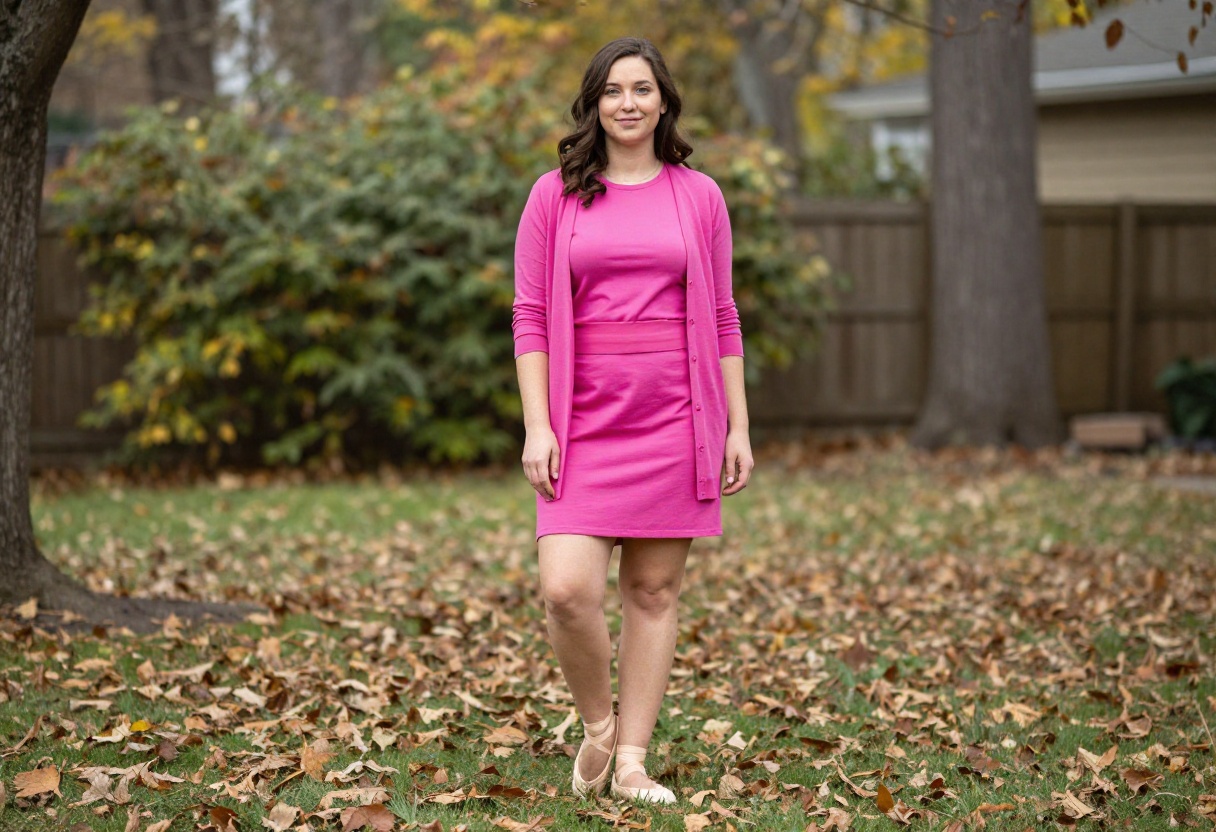 Woman wearing Cady Heron-inspired pink outfit for Halloween