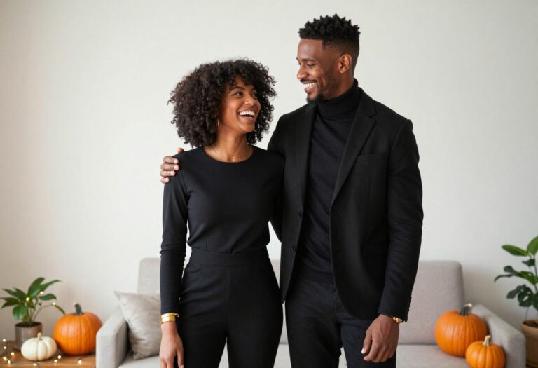Black couple in stylish Halloween costumes laughing together in a cozy living room