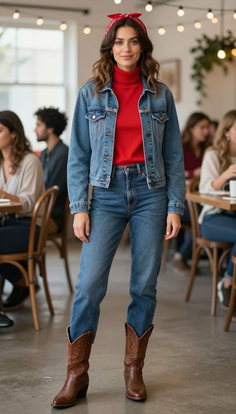11. Denim on Denim with a Pop of Color