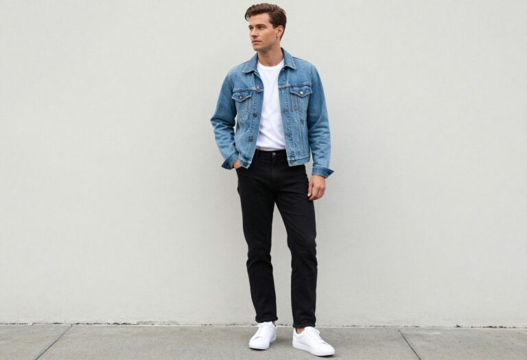 Man wearing a denim jacket and white sneakers in an 80s-inspired outfit