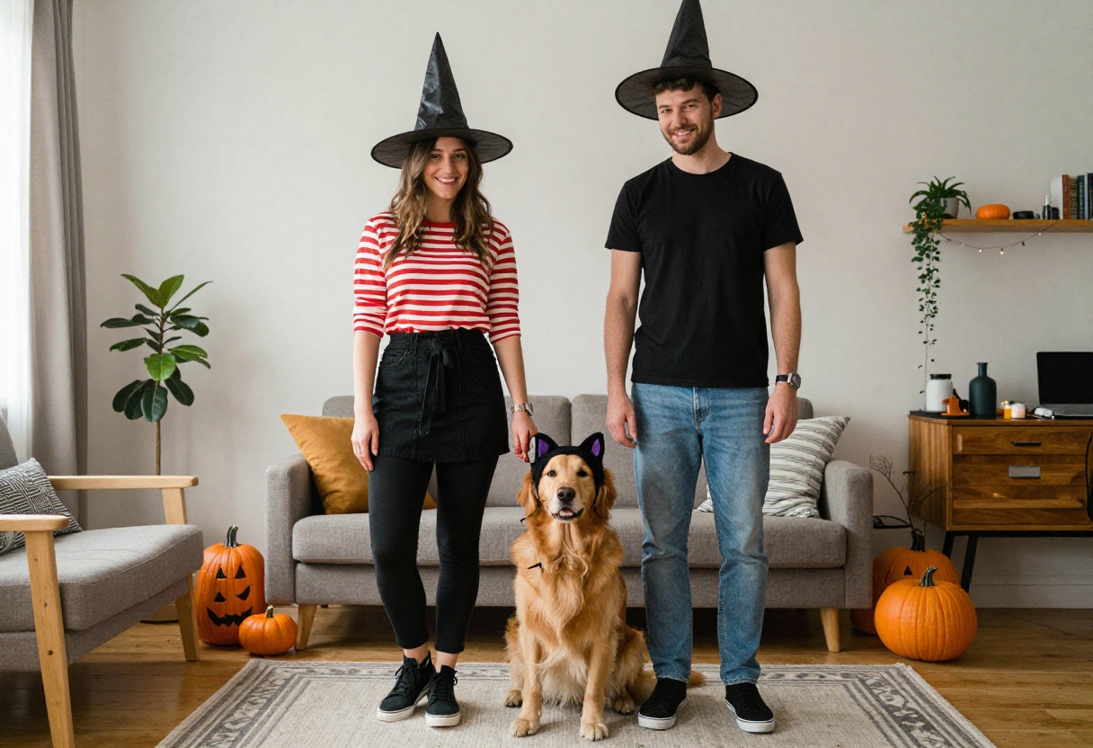 Couple and dog in matching witch hats smiling for a Halloween photo