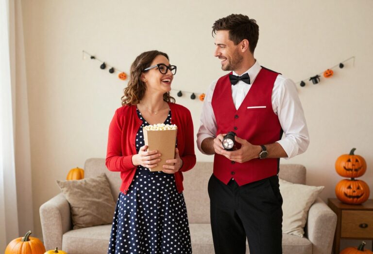 Couple in retro drive-in movie Halloween costumes, laughing together in a cozy living room