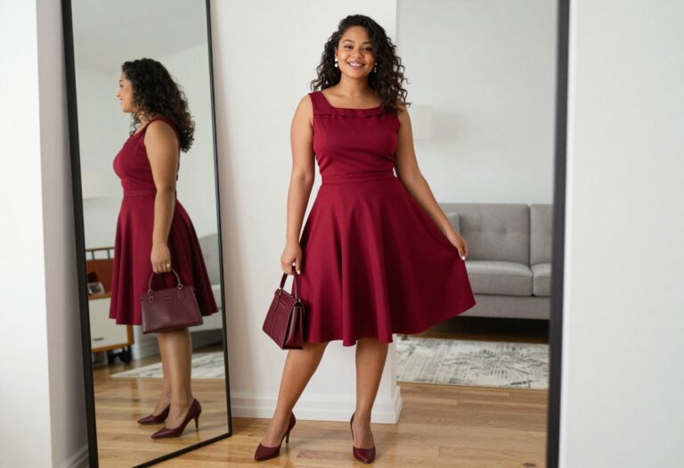 Young woman in a red 1950s vintage swing dress with petticoat, posing in a bright living room