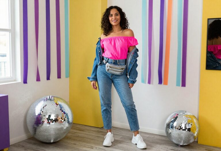 Woman in neon 80s party outfit with fanny pack and denim jacket