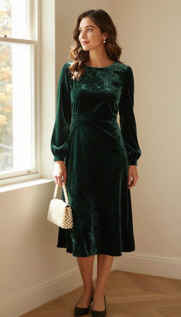 6. Forest Green Velvet Dress with Pearl Accessories