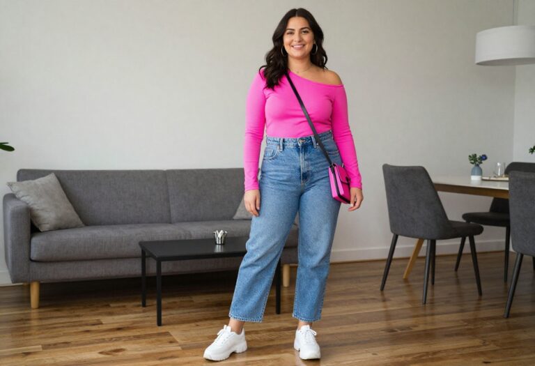 Woman in 80s party outfit with neon top and high-waisted jeans