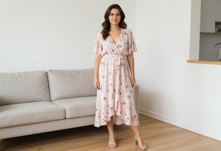Young woman in a flowy floral wrap dress for homecoming, standing in a bright room