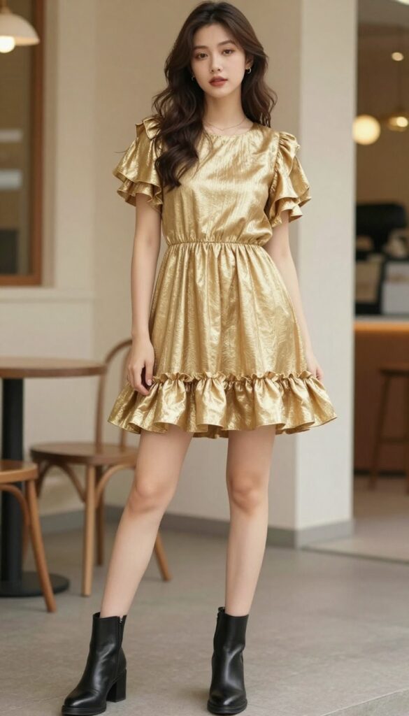 6. Ruffle Hem Dress with Ankle Boots