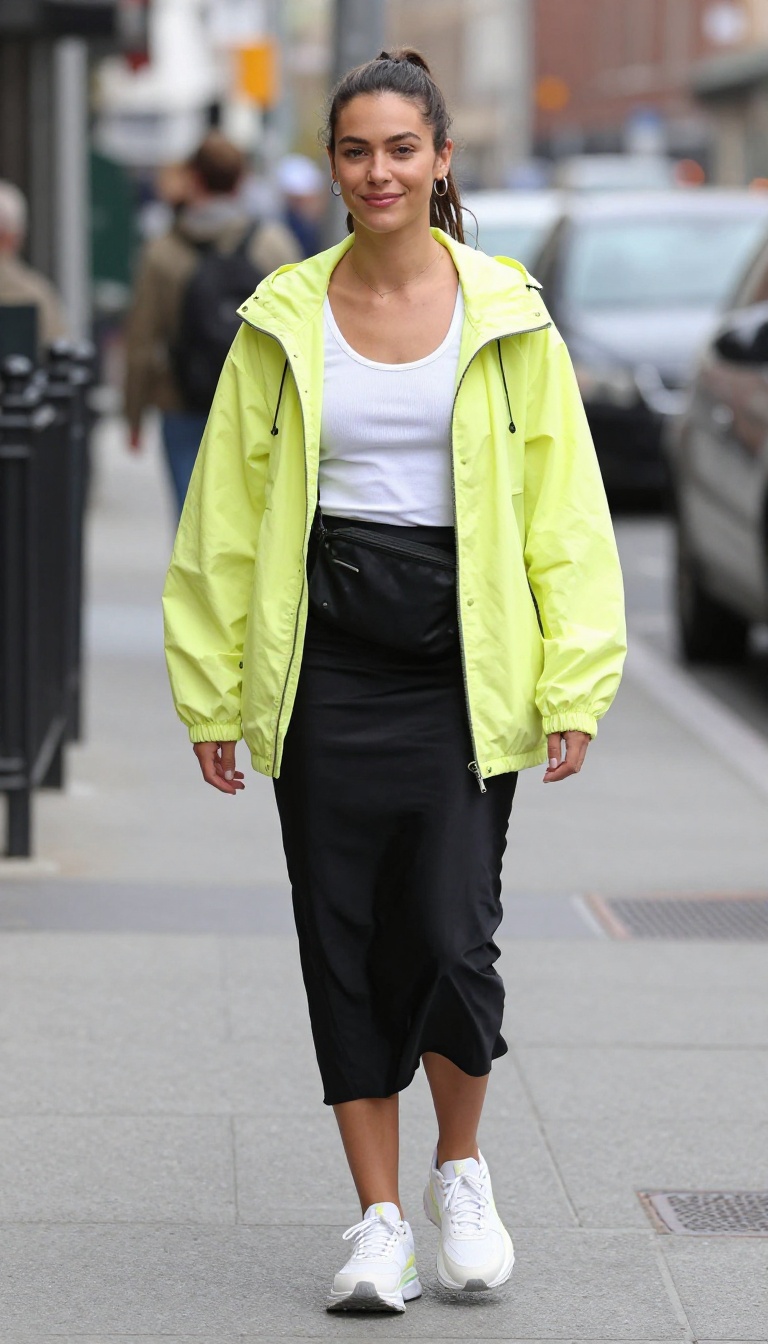15. Neon Windbreaker and Slip Skirt