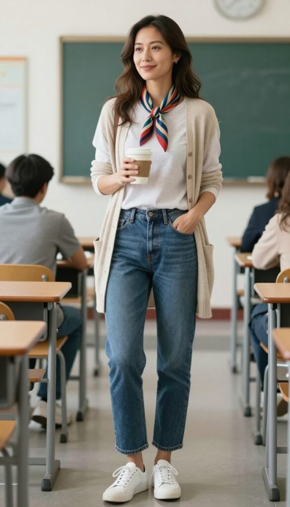 9. Layered Tee and Cardigan with Straight-Leg Jeans