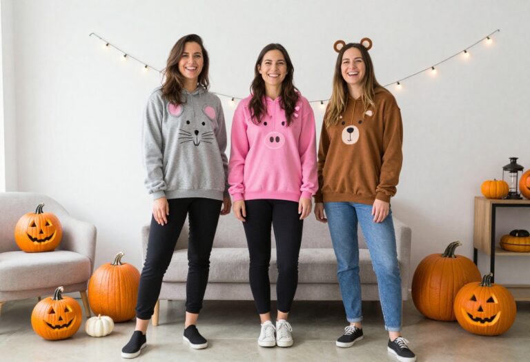 Three friends laughing in matching animal onesies for Halloween