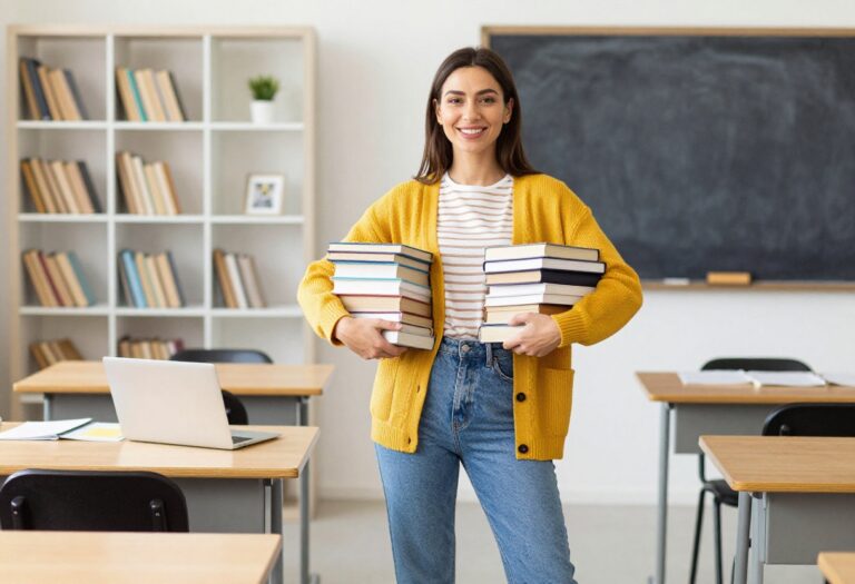 Teacher wearing a mustard cardigan, striped tee, cropped jeans, and white sneakers in a classroom