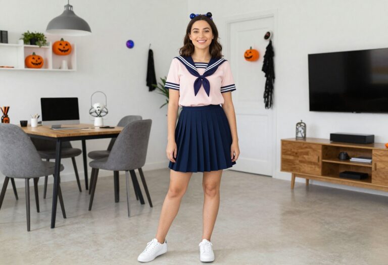 Woman wearing a pastel anime-inspired sailor outfit with celestial accessories, standing in a decorated living room for Halloween.