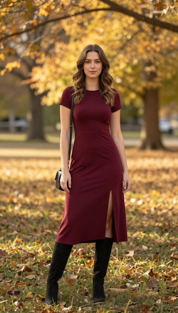 5. Burgundy Midi Dress with Knee-High Boots