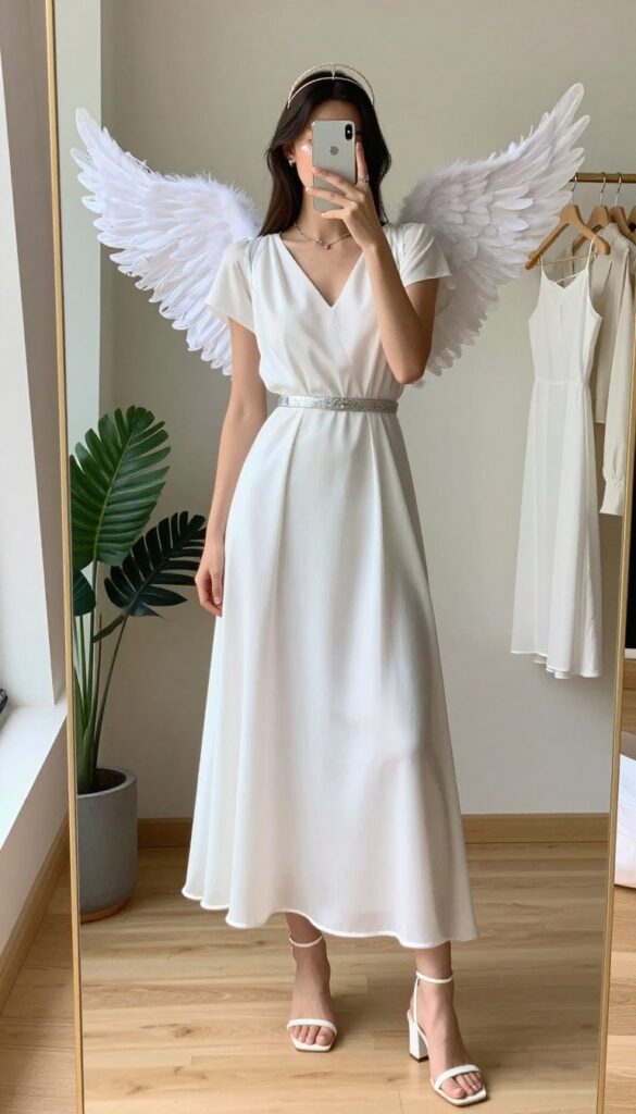 Tall woman in a white flowy dress and feather wings takes a mirror selfie, wearing a halo headband and silver jewelry, in a bright bedroom.