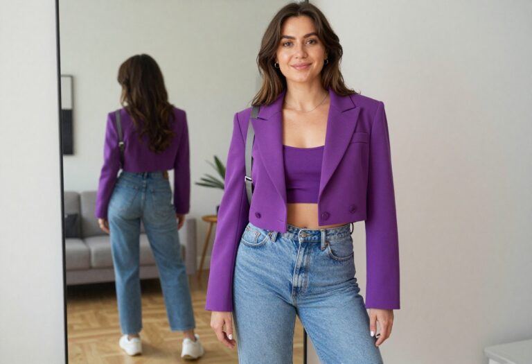 Woman wearing a vintage 80s outfit with a cropped blazer and high-waisted jeans, standing in a bright living room.