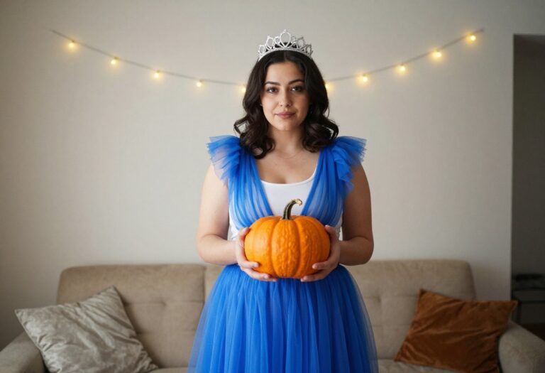 Woman in a modern princess costume with tulle skirt and tiara, holding a pumpkin