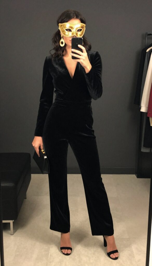 Woman in a black velvet jumpsuit and gold masquerade mask taking a mirror selfie, with gold earrings and black heels, in an elegant dressing room.