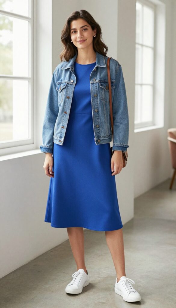 2. Cobalt Blue A-Line Dress with White Sneakers