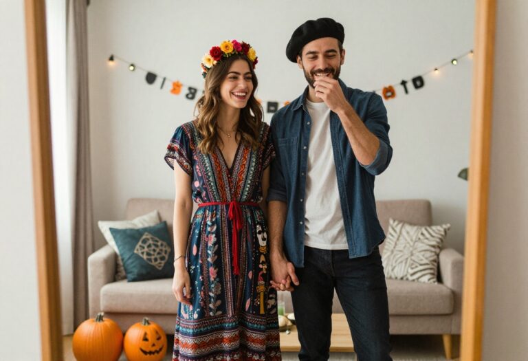 Couple dressed as Frida Kahlo and Diego Rivera laughing together in a cozy living room with Halloween decorations