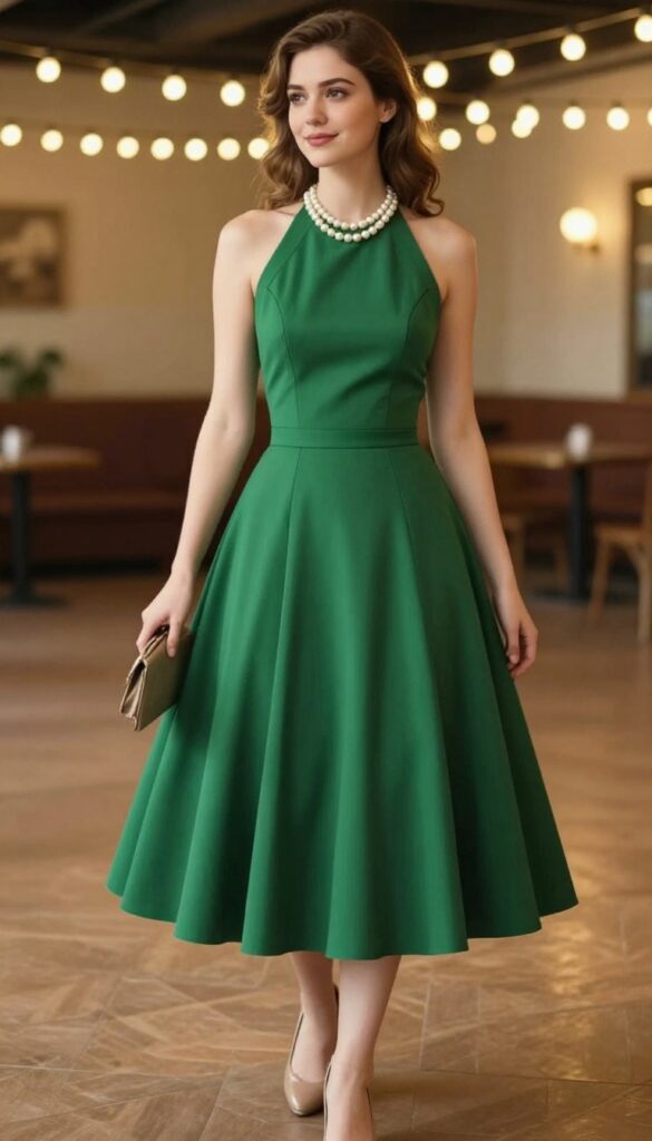 13. 1950s Halter Dress with a Pearl Necklace