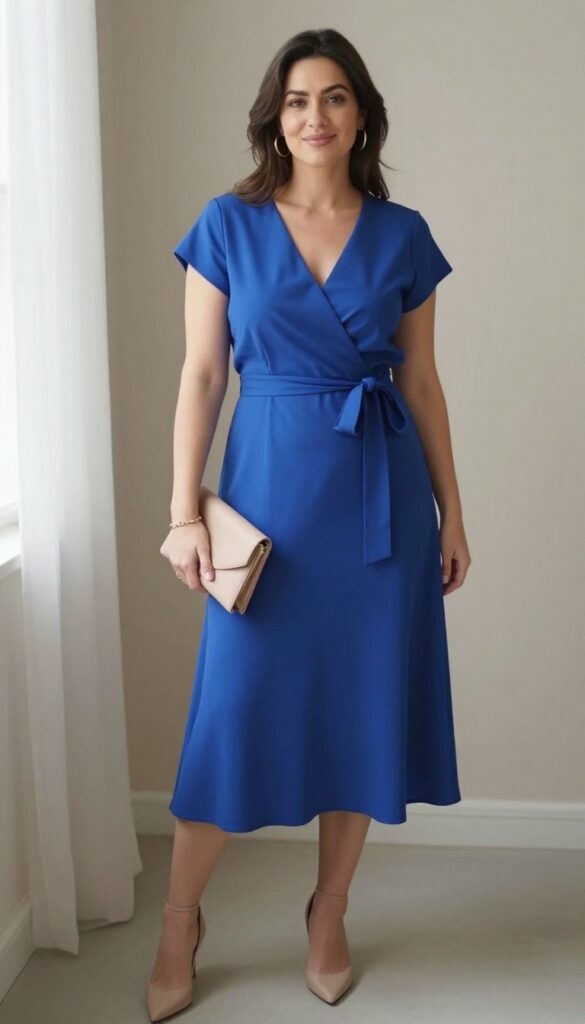 3. Royal Blue Wrap Dress with Gold Hoop Earrings