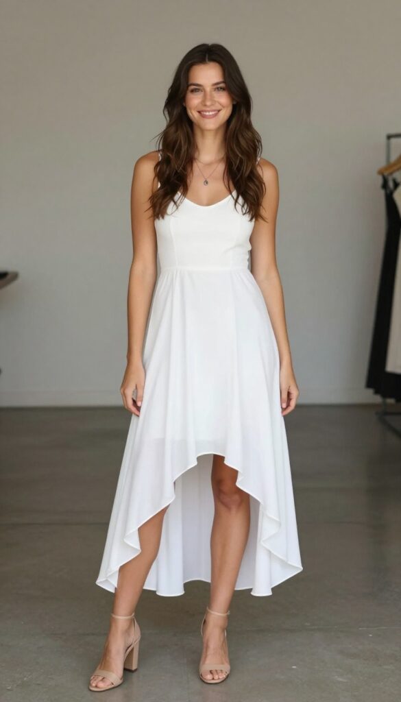 5. High-Low Hem Dress with Block Heels