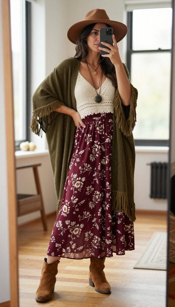 Woman with dark hair wearing a burgundy floral maxi skirt, cream crochet top, fringed cardigan, layered necklaces, suede ankle boots, and a floppy felt hat, taking a mirror selfie in a bright room with plants