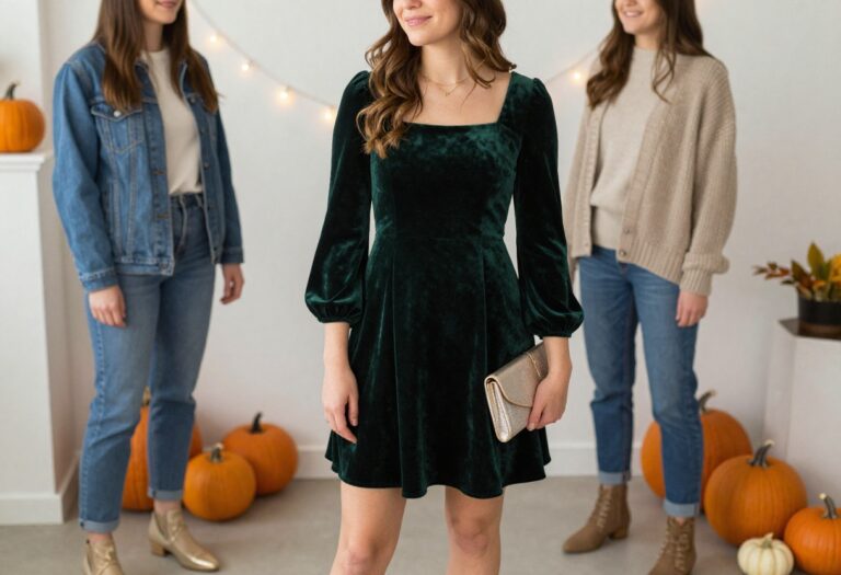 Young woman in a dark green velvet homecoming dress with gold accessories, standing in a cozy fall setting.