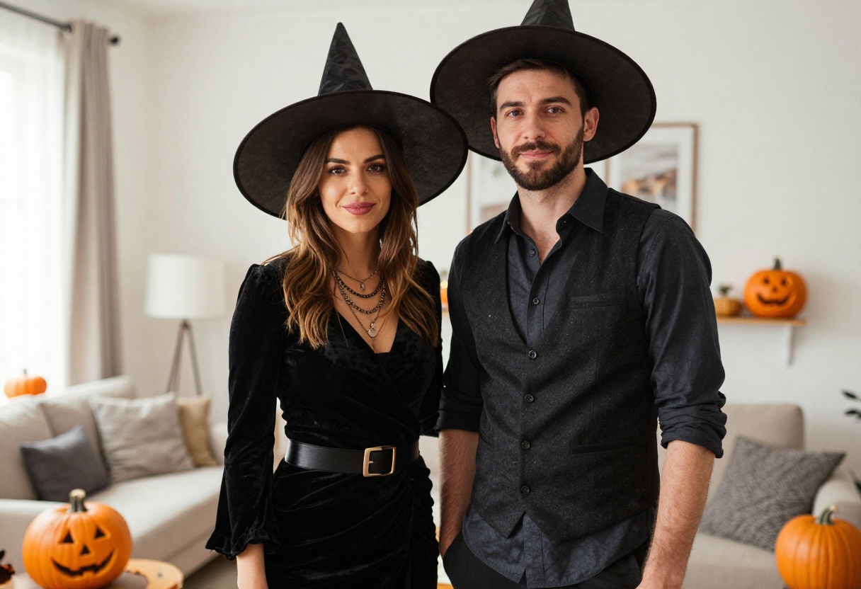 Couple in matching witch and warlock Halloween costumes posing for a photo