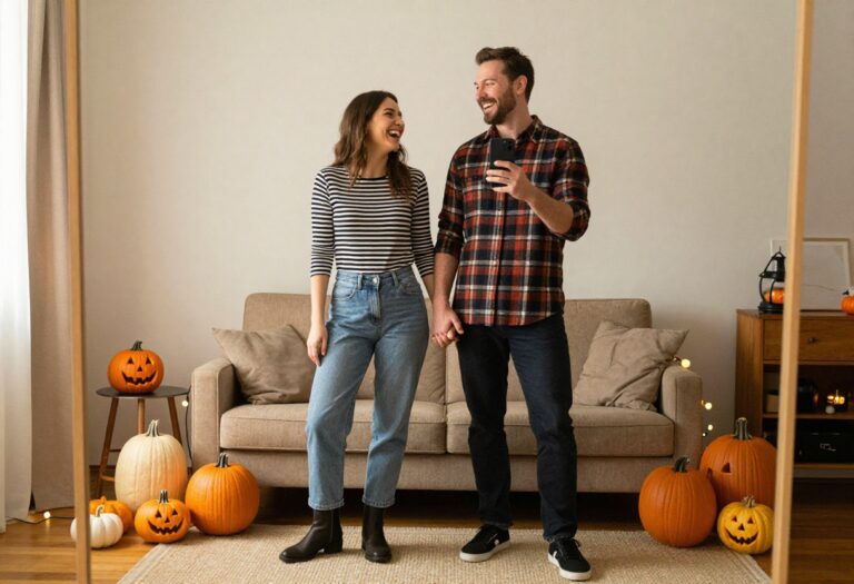 Couple in stylish Halloween-inspired casual outfits, laughing together in a decorated living room