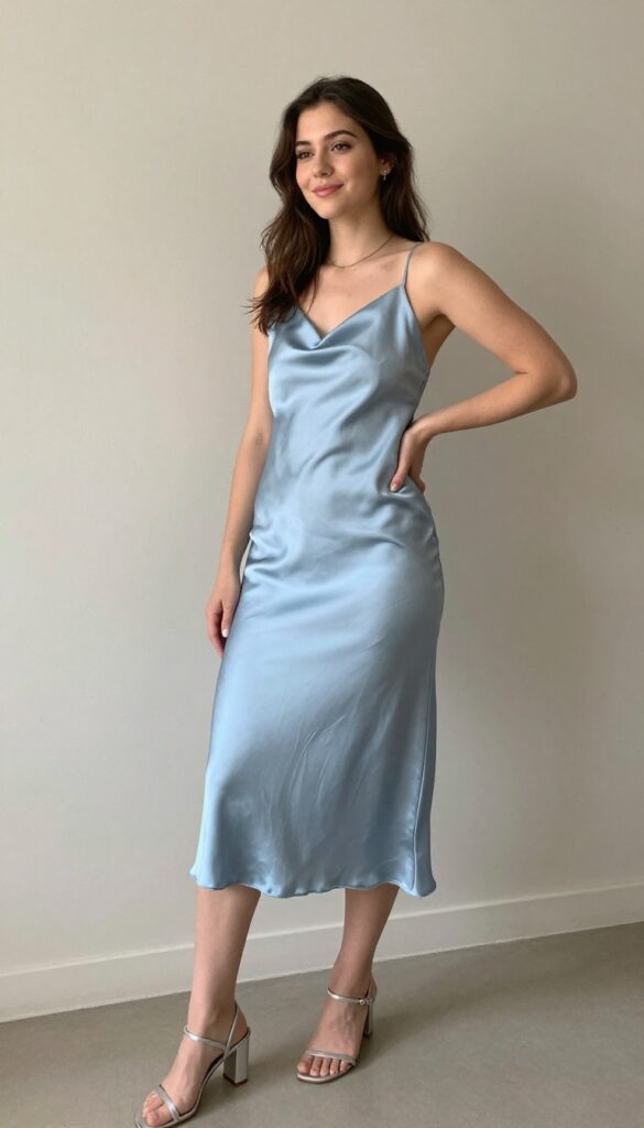 2. Satin Slip Dress with Strappy Heels