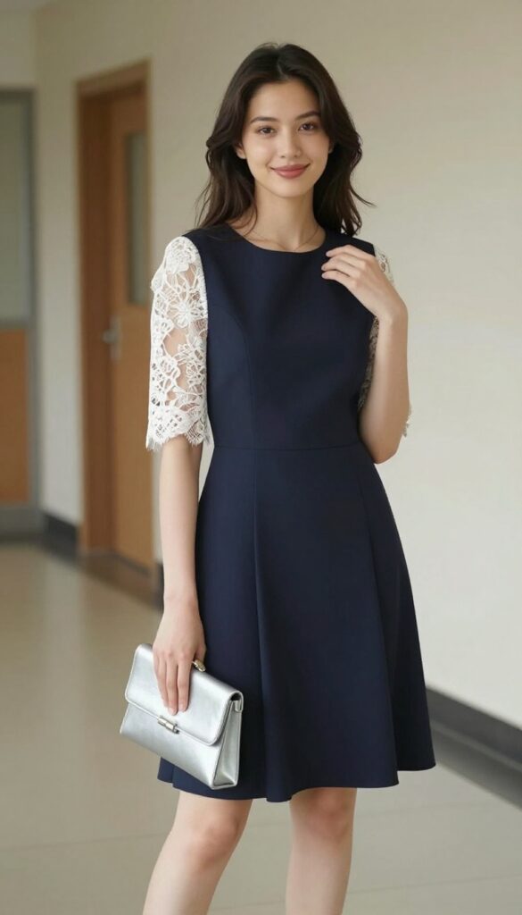 1. Classic Navy A-Line with Delicate Lace