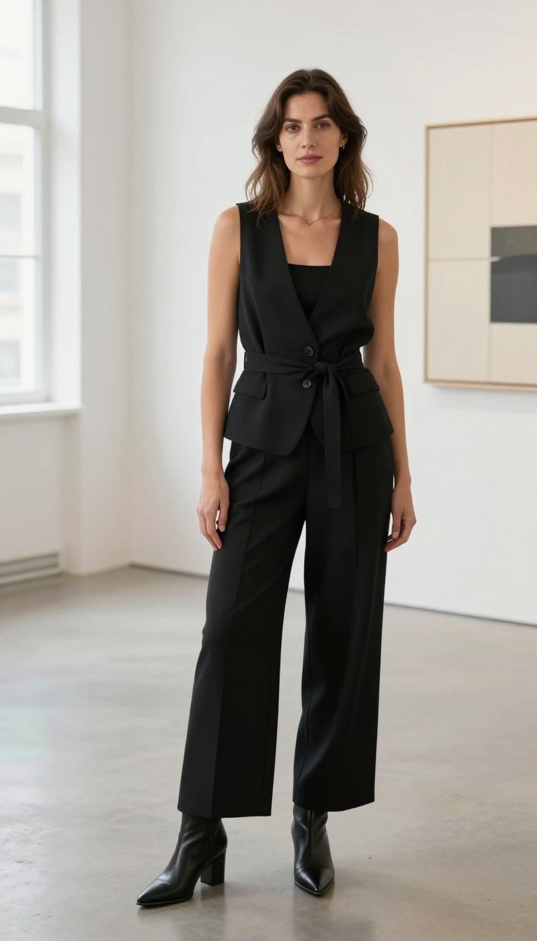 8. Belted Waistcoat Over Wide-Leg Trousers