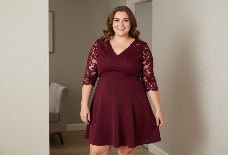Plus size woman in burgundy A-line homecoming dress with lace sleeves, standing in a cozy indoor setting