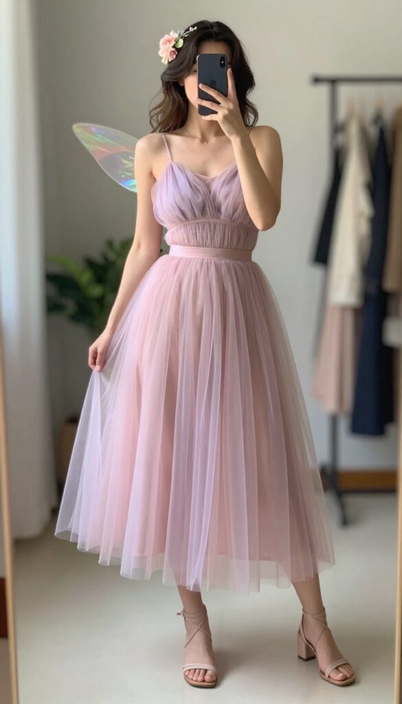 A woman in a pastel tulle skirt and camisole with fairy wings and a flower crown takes a mirror selfie, holding a phone that partially covers her face, in a bright room with soft lighting.