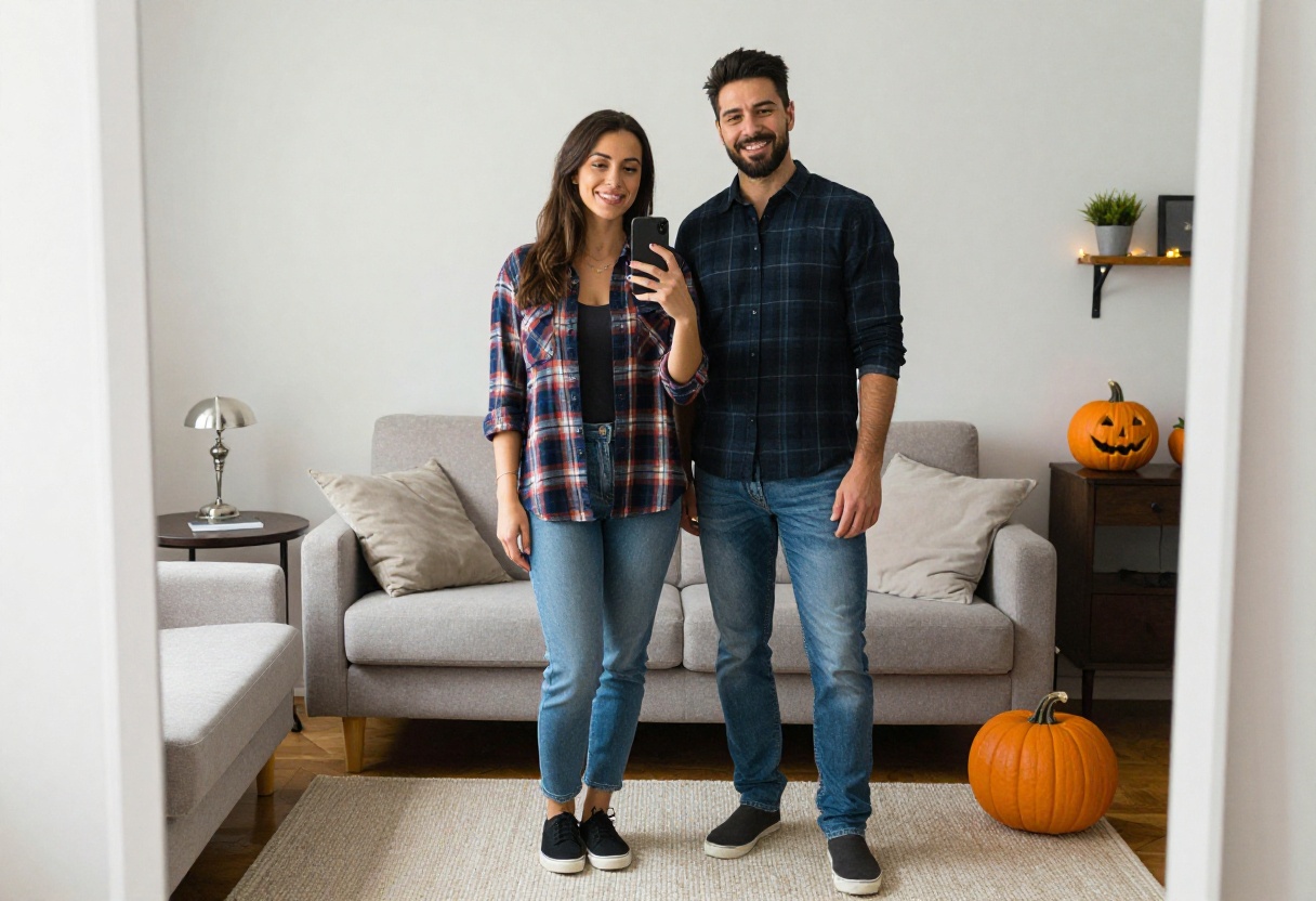 Couple in casual Halloween-inspired outfits standing in a cozy living room