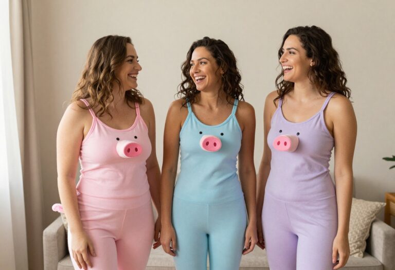 Three women in pastel pig costumes laughing together in a living room