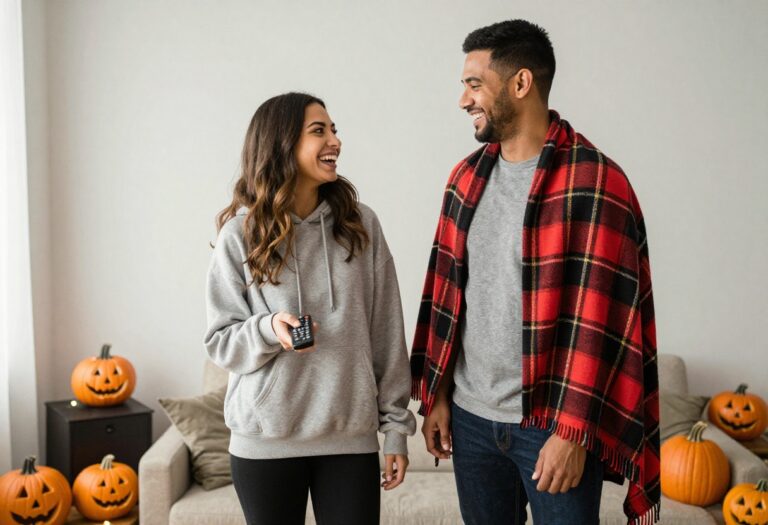Couple dressed as Netflix and Chill costume, laughing at a Halloween party