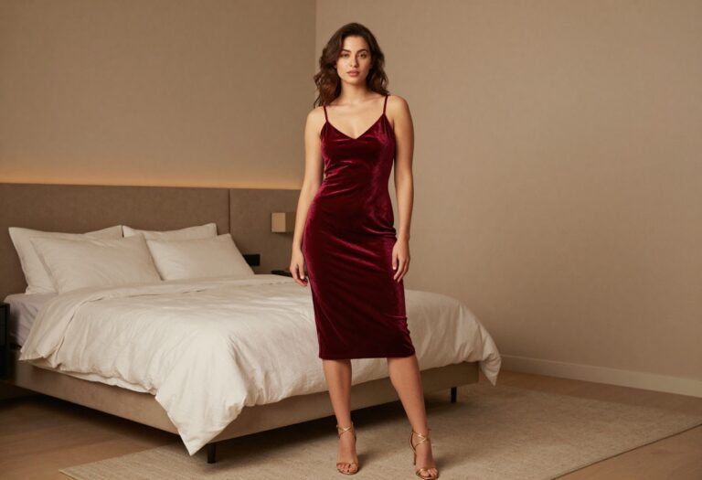 Woman in dark red velvet slip dress with strappy gold heels, posing in a moody bedroom setting