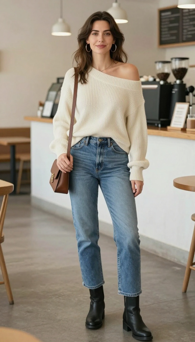 4. Off-the-Shoulder Sweater and High-Waisted Jeans