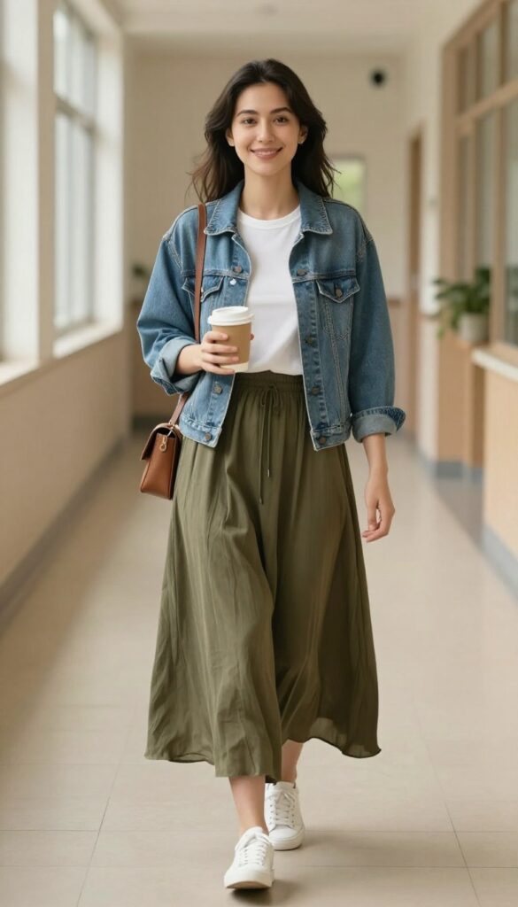 14. Maxi Skirt with a Fitted Tee and Denim Jacket