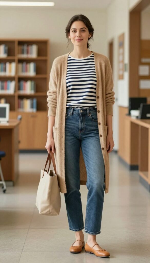 3. Classic Denim with a Striped Breton Top and Cardigan