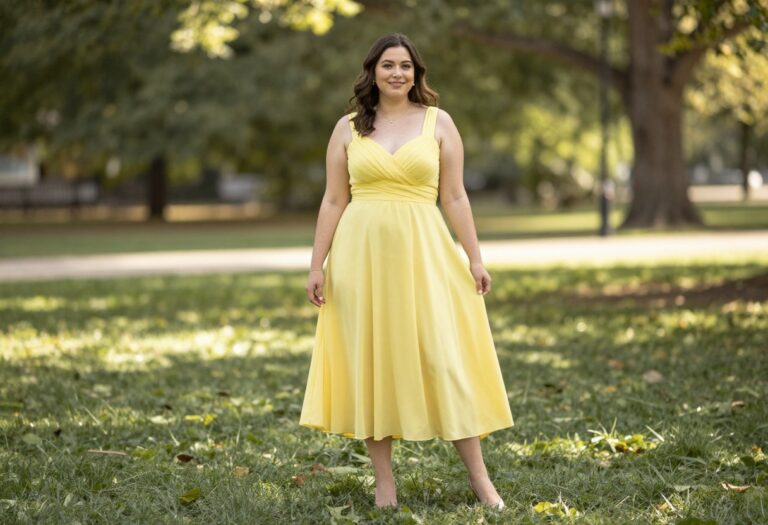 Young woman in a yellow A-line dress posing in a sunlit park for homecoming
