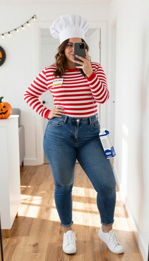 Plus-size woman in a striped tee with mini cereal boxes pinned on, wearing a chef's hat and holding a plastic knife, taking a mirror selfie in a bright hallway.