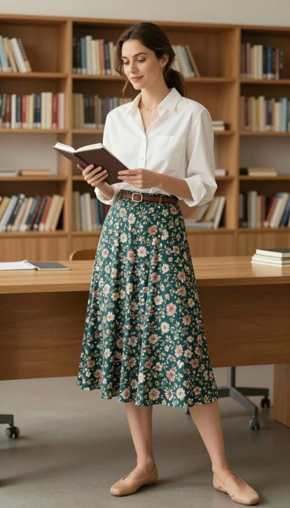 2. The Midi Skirt and Button-Down Shirt Combo