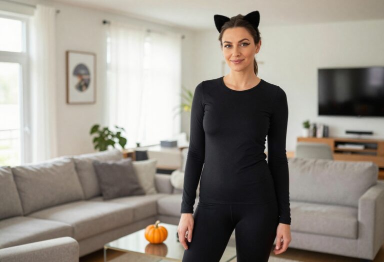 Woman in a low-effort black cat Halloween costume with cat ears and a pumpkin
